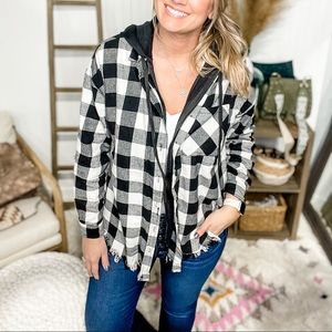 Hoodie Lined Plaid Shacket- White